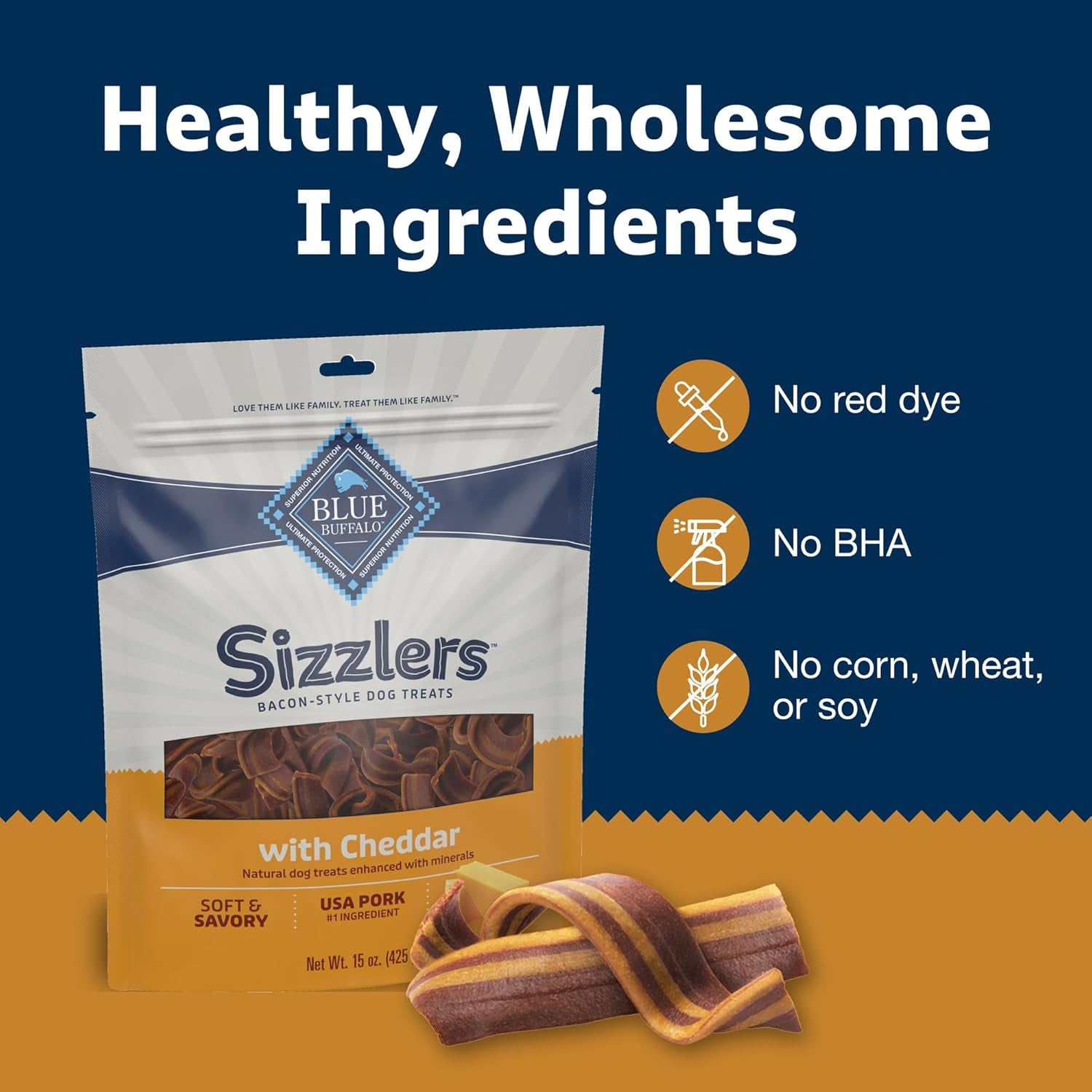 Sizzlers Bacon-Style Dog Treats with Real USA Pork, Cheddar Flavor, 15-Oz Bag